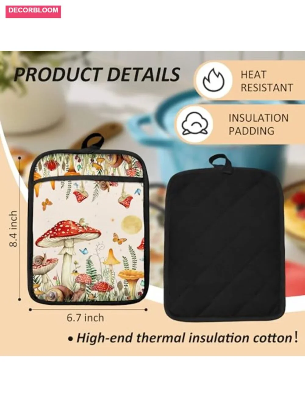 Vintage Mushroom Pot Holders Oven Mitts Set Cotton Heat-Resistant Kitchen